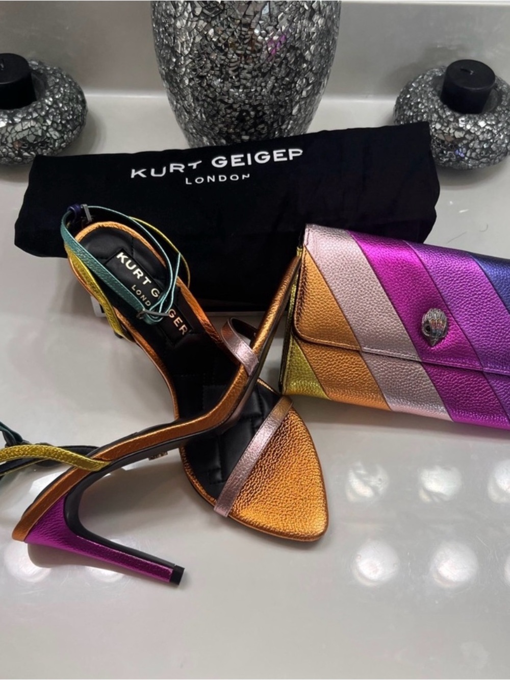 Kurt Geiger Metallic Rainbow Diagonal Panel Clutch With Heels/Sandals - Picture 2 of 5